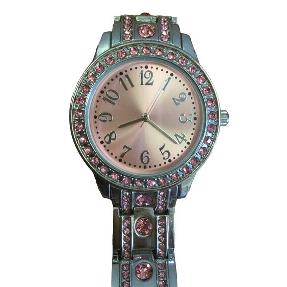 Ladies Quartz Watch Pink Crystals Japan Movement Stainless Steel Bracelet - Picture 2 of 5